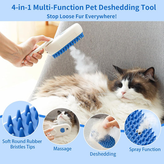 Cat Steam Brush for Shedding,4 in 1 Grooming Brush for Cats and Dogs,Deshedding,Massage,Cleaning & Anti-Static All In One,Suitable for Long & Short Haired Pets,Includes Waterless Shampoo,Blue