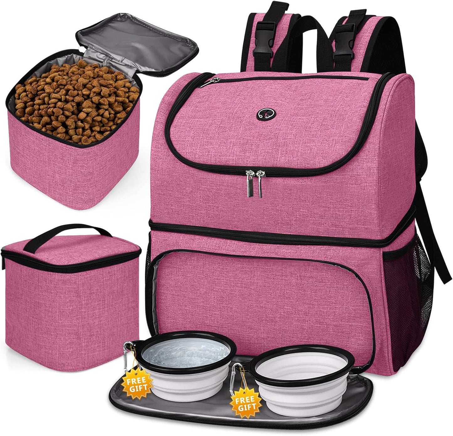 BAGLHER Pet Travel Bag, Double-Layer Pet Supplies Backpack (for All Pet Travel Supplies), Pet Travel Backpack with 2 Silicone Collapsible Bowls and 2 Food Baskets Pink - Pawvie