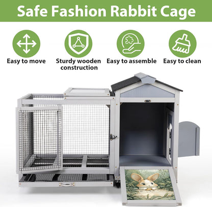 COZIWOW 38.5inches Durable Wooden Rabbit Cage Indoor，Wide Space Small Animal House with Removable Tray&Safety Lock，Rubbit Hutch with Waterproof Roof&Solar Panels (Grey with Pattern)