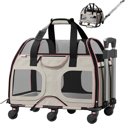 Katziela Pet Carrier - Airline Compliant Dog Carrier - TSA Approved Pet Carrier for Small Dogs and Cats - Soft FAA Travel Airplane Dog Carrier Luggage (Gray/Pink-6 Wheels)