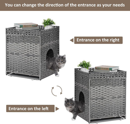 Cat Litter Box Enclosure with Soft Litter Mat; Hidden Kitten Washroom Furniture with Door; Handwoven Rattan Cat House; Pet Crate for Living Room, Bedroom, Balcony (Grey)