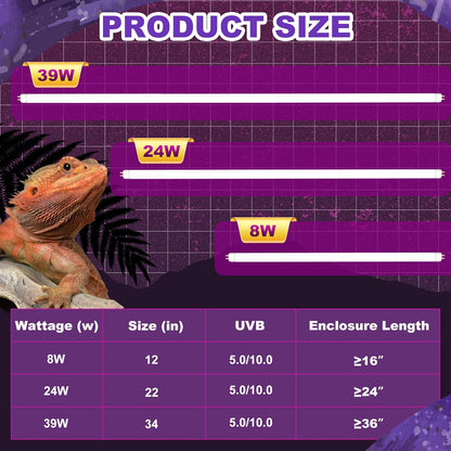 5.0 UVB Light for Reptiles, T5 HO 39 Watt Reptile Lamp Tube, Pack of 2 Fluorescent UVB Bulb, Basking Light for Bearded Dragon, Simulate Natural Sunlight for Reptiles and Amphibians