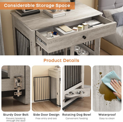 Large Dog Crate with Sliding Door, Furniture-Style Wooden Indoor Kennel, Integrated Side Table & Drawer, Secure Lock, 360° Rotating Bowl, Modern Pet House - Ideal for Home Decor (Grey)