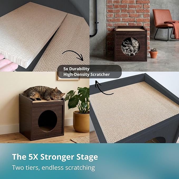 Meowdium Cat House – Cat Condo with Cardboard Scratcher, Scratching Post, Bed & Toy Storage, Cozy Cat Furniture & Accessories for Indoor Cats, Espresso
