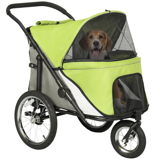 PawHut Dog Stroller, Pet Stroller 3 Wheels with Easy One-Hand Fold, Rubber Wheels, Storage Bag, Soft Cushion, Safety Leash, for Small & Medium Dogs, Yellowish Green - Pawvie