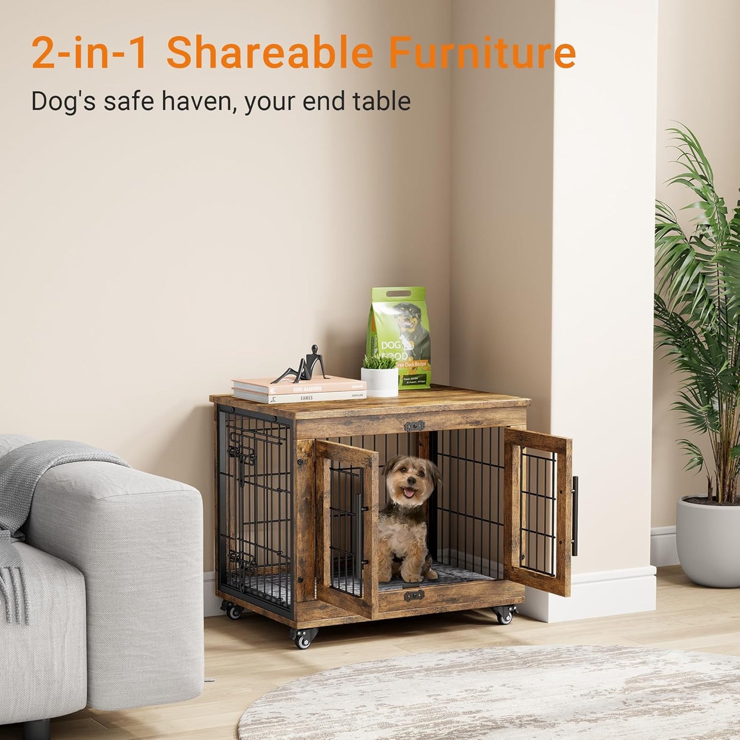 Lulive Small Dog Crate Furniture, Dog Kennel Indoor Double Doors Wooden Dog Cage, 27.1'' Heavy Duty Dog Crate with Cushion & Wheels, Decorative End Table Pet House Chew-Resistant for Small Dogs, Brown