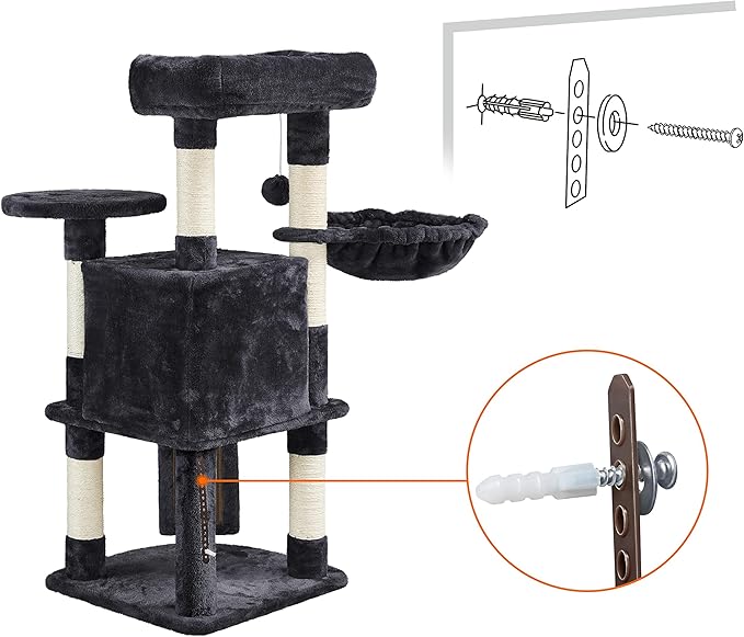 Topeakmart 42in Cat Tree Tower for Indoor Cats, Cat Condo with Perch & Hammock, Activity Center, Multi-Level Cat Furniture with Scratching Posts, Cat House, Black