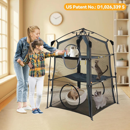 X-Large Catio Outdoor Cat Enclosure and Cat Tower Tent for Indoors and Outdoor,3 Tier Spacious Cat Tent,Portable and Foldable Catio,Two Doors Design can Assemble More Shapes (Patented)