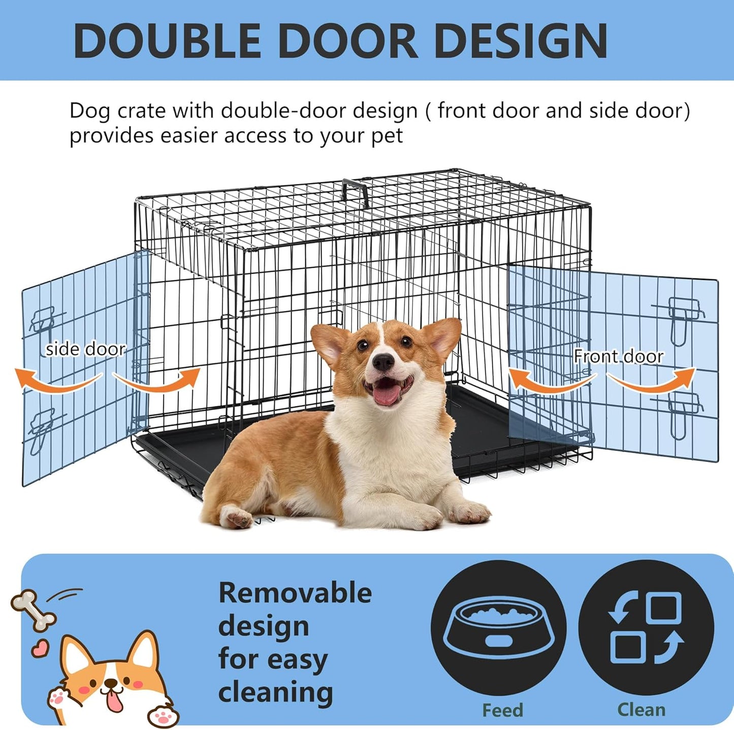 FDW 30 inch Dog Crate Dog Kennel Cage with Double Door Folding Metal Wire Dog Cage with Removable Tray&Divider Panel,Pet Crate for Medium Dogs,Black