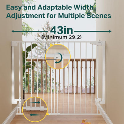 Cumbor 34" Extra Tall No Bottom Bar Baby Gate for Stairs, Auto Close Dog Gate Indoor for Larger Pets, 29.2-43" Hardware Mounted Safety Gate for Doorways, Wide Walk Thru Door for Easy Access (White)