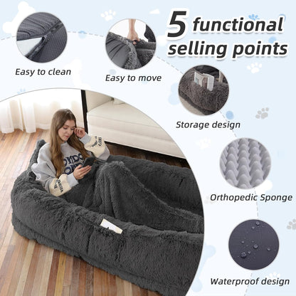 Human Dog Bed, 71''x45''x12'' Size Fits You and Pets, Washable Faux Fur Pet Bed for People Doze Off, Napping Orthopedic Dog Bed, Present Plump Pillow, Blanket, Strap - Dark Grey