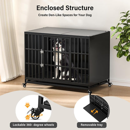 48 inch Heavy Duty Dog Crate with Self-Locking Latch, Indestructible Large Steel Kennel with Enclosed Design, Escape-Proof and Chew-Proof Pet Cage for High Anxiety Dogs