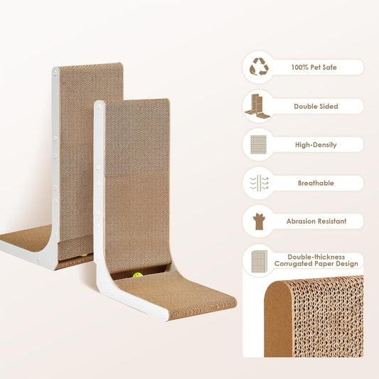 EHEYCIGA Cardboard Cat Scratcher for Indoor Cats, 32 Inch L Shaped Vertical Cat Scratching Board with Ball Cat Toy, Extra Large Cat Scratcher Pad, White