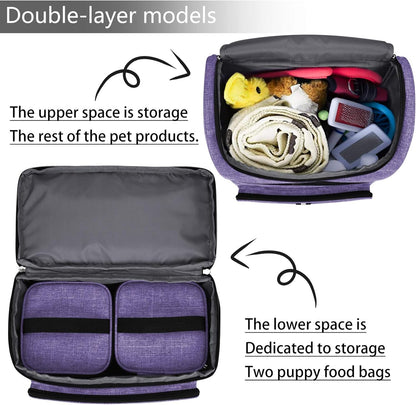BAGLHER Pet Travel Bag, Double-Layer Pet Supplies Backpack (for All Pet Travel Supplies), Pet Travel Backpack with 2 Silicone Collapsible Bowls and 2 Food Baskets Purple - Pawvie