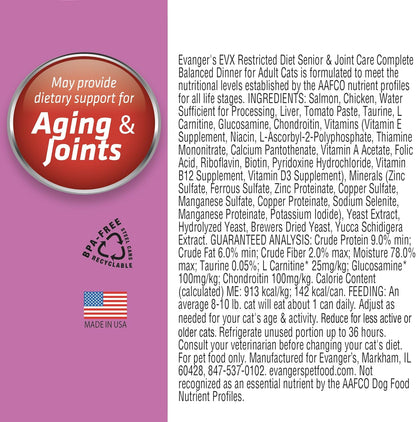 Evanger’s EVX Restricted Diet Senior and Joint Health Canned Cat Food – 24 Count, 5.5 oz Cans Each – Salmon with Taurine, L Carnitine, Glucosamine & Chondroitin – Grain Free Pâté Style
