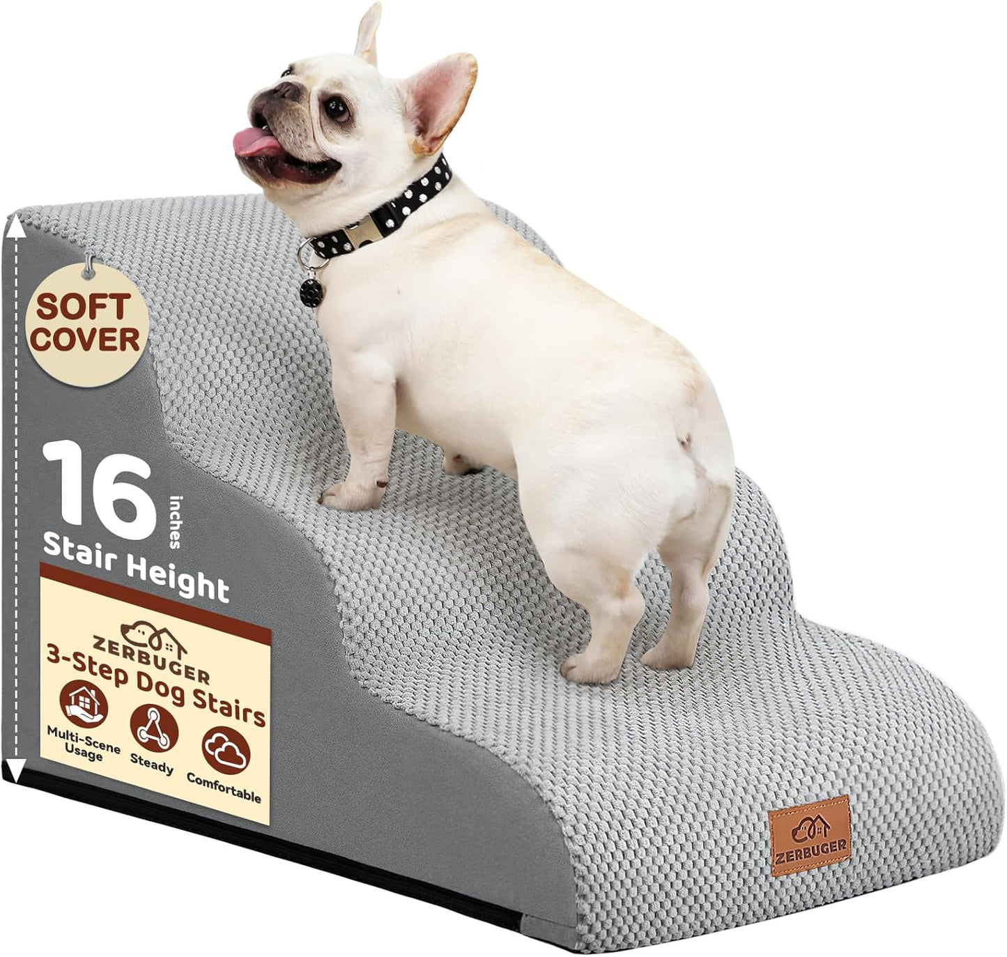 Dog Ramp and Stair for Bed 16" H-20 H,3-Step Cat Stair for Sofa and Chair,4-Step Dog Ramp for High Bed and Window,Durable Nonslip Fabric Cover for Indoor (Light Grey-16 H, Pet Friendly, 3) - Pawvie
