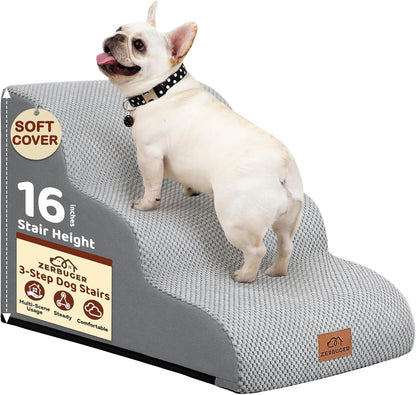 Dog Ramp and Stair for Bed 16" H-20 H,3-Step Cat Stair for Sofa and Chair,4-Step Dog Ramp for High Bed and Window,Durable Nonslip Fabric Cover for Indoor (Light Grey-16 H, Pet Friendly, 3) - Pawvie