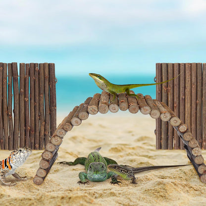 2PCS Reptile Hideout Hermit Crab Bendable Bridge, Wooden Hermit Crab Hideout Climbing Toys, Reptile Tank Habitat Decor Hiding Hut for Lizards, Mice, Spiders