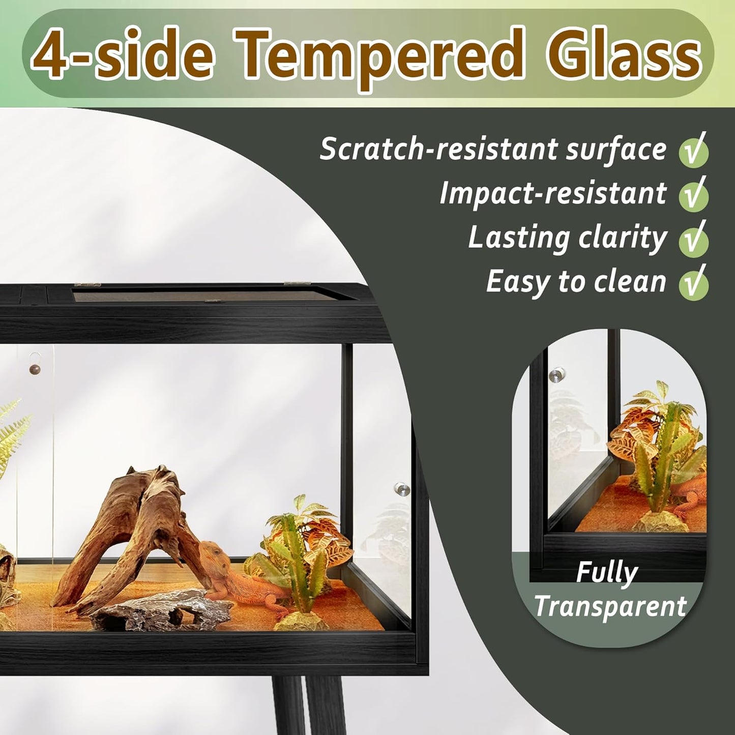 PROLEE Tempered Glass Reptile Enclosure with Leg,48“ Scratch-Proof Bearded Dragon Tank,79 Gallon Lizard Tank with Metal Mesh Tops and Lockable Door,Spacious Reptile Habitat for Snake,Lizard (Black)