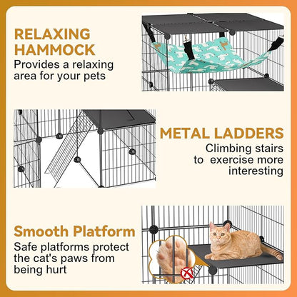 Cat Cage, 4-Tier DIY Cat Enclosures Catio, Cat Playpen Indoor & Outdoor with Hammock, Detachable Metal Wire Kennel Cats Crate, 2x2x4 Exercise Place for 1-3 Cats/Kitten