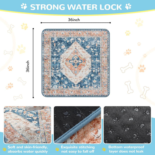 Lahome Super Absorbent Washable Pee Pads for Dogs - Secure Floor Protection - Non-Slip, Leakproof Reusable Pads for Training, Crates & Playpens (2 Pack, 36"x36", Beige Blue)