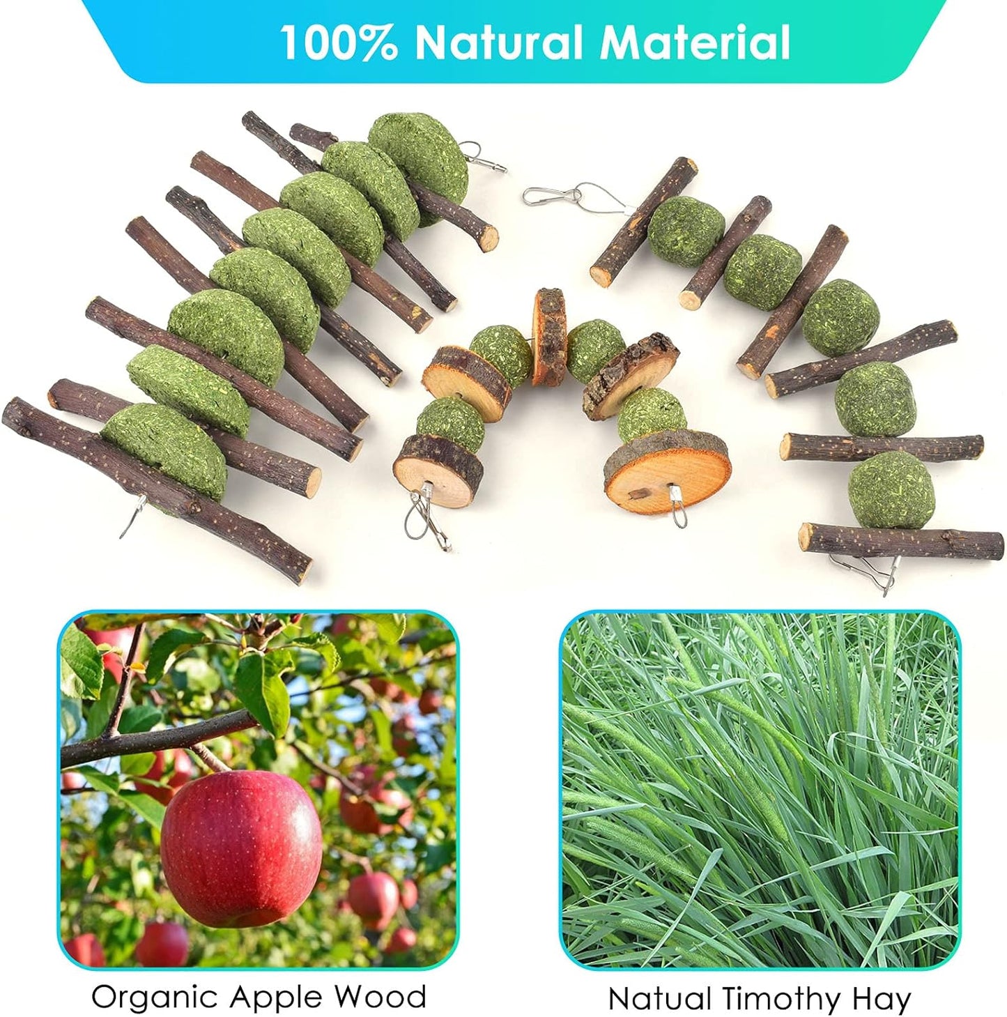 ERKOON Bunny Chew Toys, Rabbit Chew Toys for Teeth Grinding, Improve Dental Health, 100% Natural Apple Wood Timothy Grass Cake Treats for Rabbits Guinea Pigs Chinchillas Bunnies Hamsters (3 Pcs)