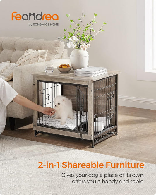 Feandrea Dog Crate Furniture, 27.2" Side End Table, Modern Kennel for Dogs Indoor up to 30 lb, Heavy-Duty Dog Cage with Multi-Purpose Removable Tray, Double-Door Dog House, Greige UPFC001G01