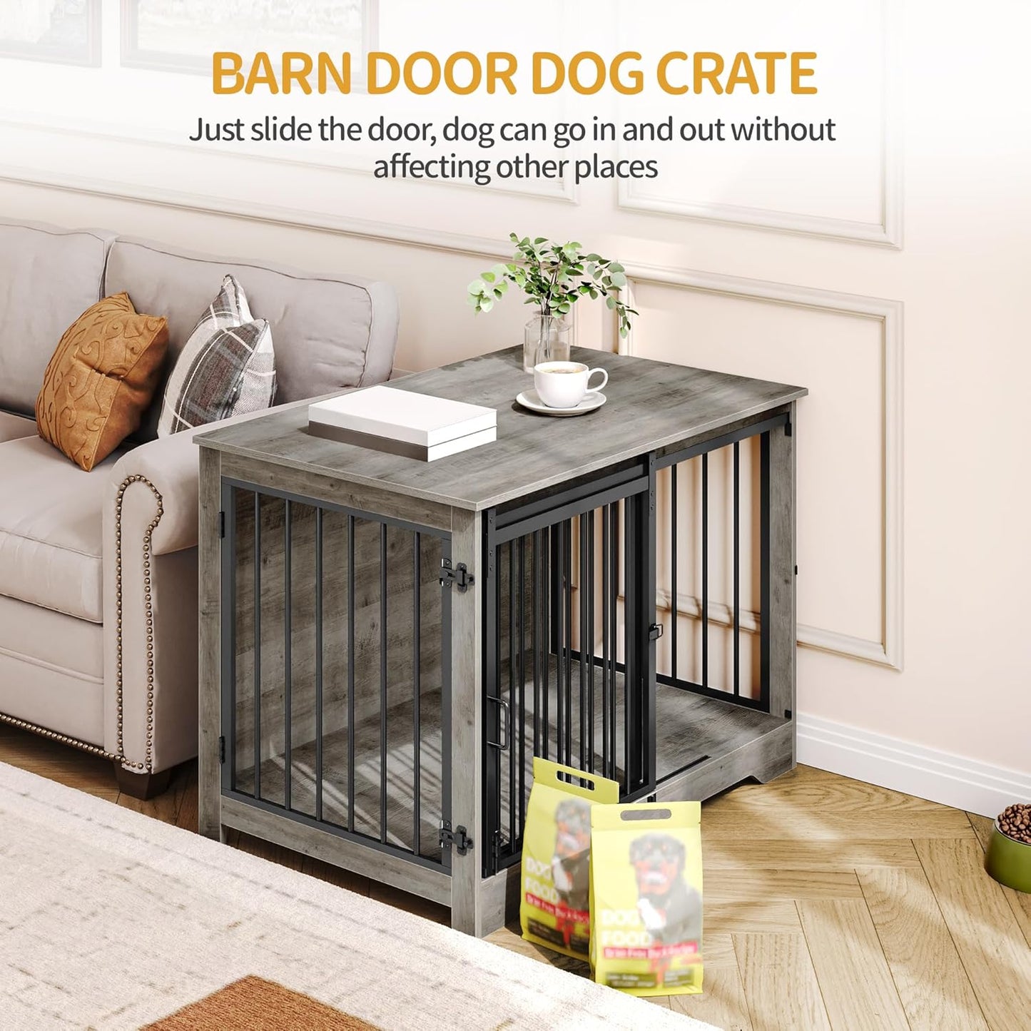 39.4" Heavy Duty Dog Crate Furniture with Barn Door, Wood Indoor Dog Crate Kennel for Small/Medium/Large Dogs, End Side Table, TV Stand, Greige Black DFC02305B