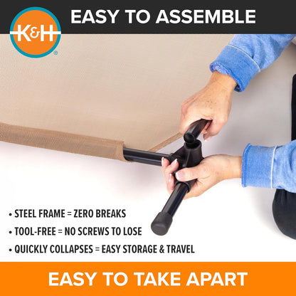 K&H Pet Products Outdoor Elevated Dog Cot, Cooling Raised Bed with Waterproof Breathable Mesh for Large Dogs, Portable Place Bed with Heavy-Duty Metal Frame, Big Hammock Style - Large Tan