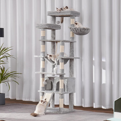 Heybly Tall Cat Tree, 78-inch Multi-Level Cat Tower for Indoor Cats, 2 Widened Plush Perches Cat Condo with Scratching Board and Big Caves, Light Gray HCT033W