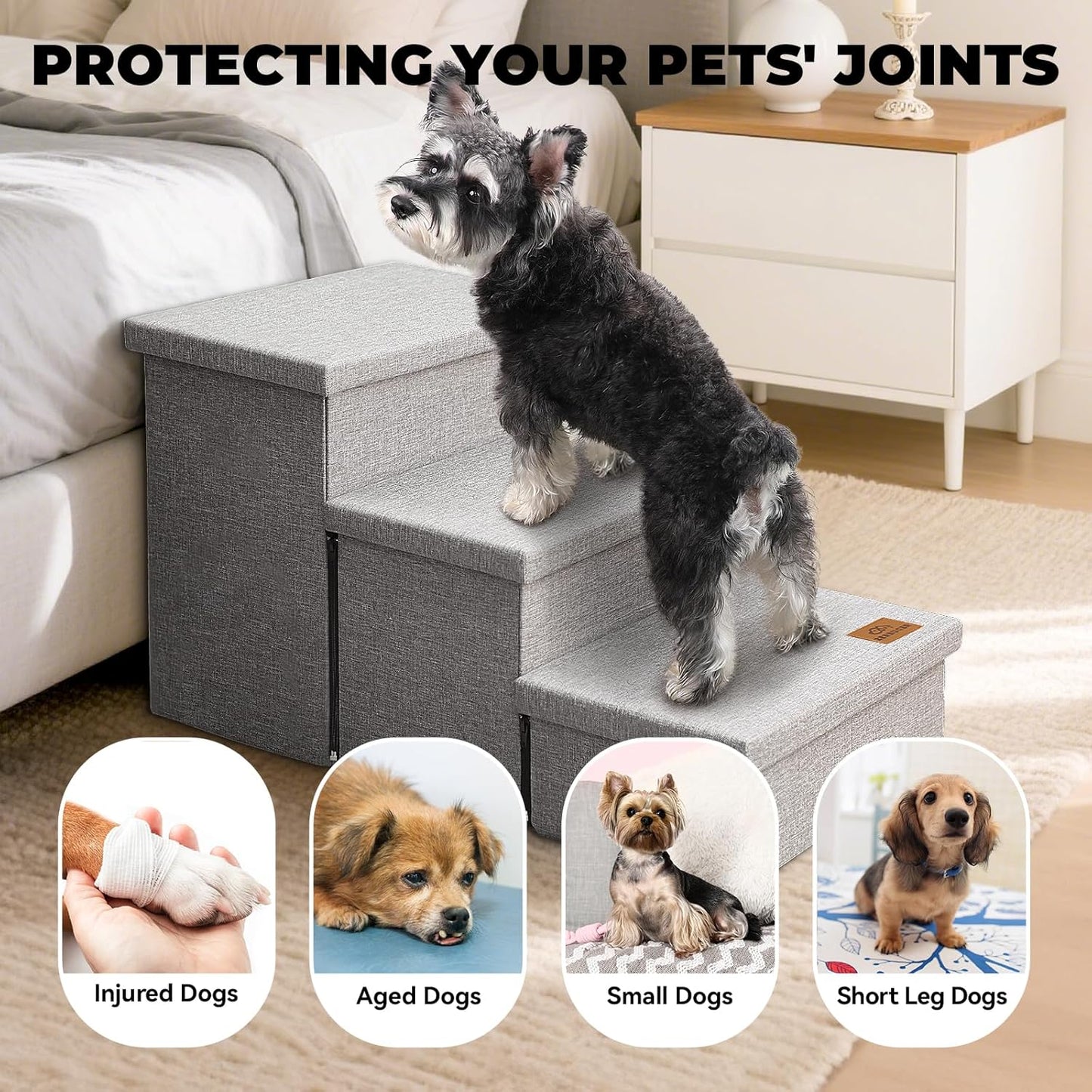 Wider Dog Stairs with Storage 18" H, 3-Step Sturdy Dog Steps for Large/Medium/Small Older Dogs Cats, Folding Pet Stairs Climbing Bed or Couch, Ramp for Car Up to 200 lbs (Gray, No Condo)