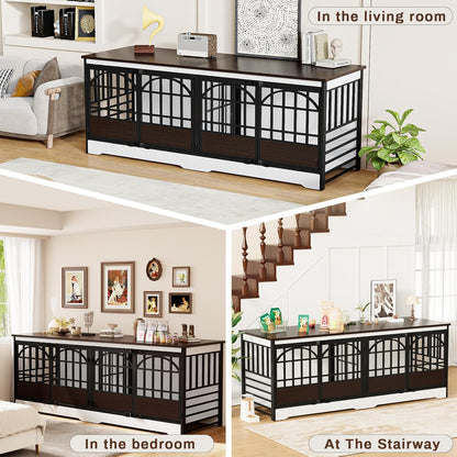 COZPAW 86 Inch Double Dog Crate Furniture for 2 Large Dogs, Decorative Dog Kennel Indoor TV Stand, Heavy Duty Wooden Dog Cage for Large Medium Dogs Sized Dog Pet House with Divider (White)