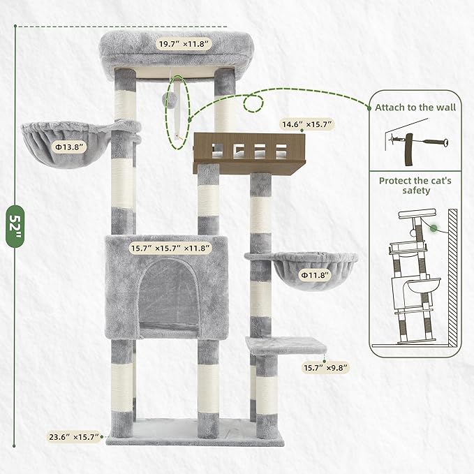Cat Tree for Indoor Cats Large Adult, Heavy Duty Cat Tree for Large Cats 20 lbs+, Cat Condo with Big Wooden Perch, Cat Tower with 14 Scratching Posts, Hammock, Light Gray GCT023W