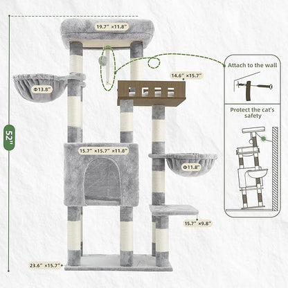 Cat Tree for Indoor Cats Large Adult, Heavy Duty Cat Tree for Large Cats 20 lbs+, Cat Condo with Big Wooden Perch, Cat Tower with 14 Scratching Posts, Hammock, Light Gray GCT023W