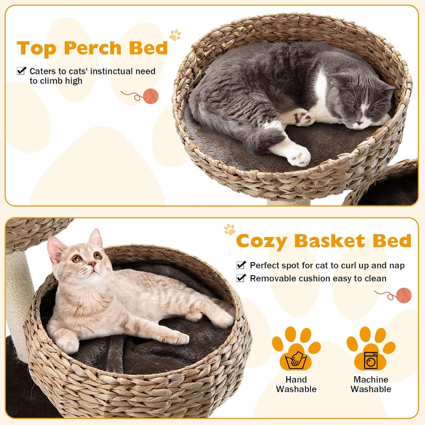 Tangkula Modern Cat Tree for Indoor Cats, Small/Tall Cat Tower with Natural Sisal Scratching Post, Hand-Made Wicker Cat Condo & Top Perch, Funny Hanging Toy Ball, Cute Cat Tree Tower for Large Cats