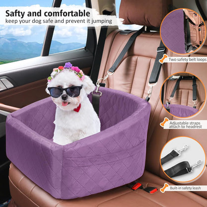 Dog Car Seat for Small Medium Dogs,Detachable Washable Dog Booster Seat Under 30lbs, Pet Car Seats Travel Bed with Storage Pockets and Safety Belt (Purple) - Pawvie
