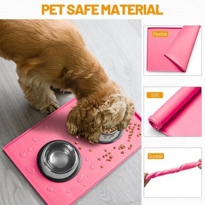 Hubulk Dog Feeding Mat,100% Waterproof Food Grade Silicone Pet Food and Water Bowl Placemat,Dishwasher, High Raised Edge to Prevent Spills,Nonslip Tray to Stop Messes on Floor (19"x12"x0.5", Pink)