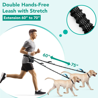 PetAmi Premium Hands Free Dog Leash for 2 Dogs, Adjustable Waist Belt Leash for Dog Walking, Fanny Pack Accessories Bag Dual Bungee Leash for Running, Hiking, Jogging, Biking, Black