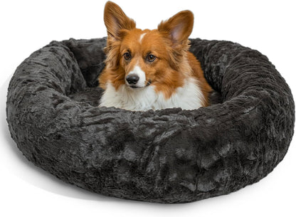Best Friends by Sheri Original Calming Donut Dog and Cat Bed, Lux Faux Fur, Mink Dark Gray, (30in x 30in) - Anxiety Relief for Pets Up to 45 lbs