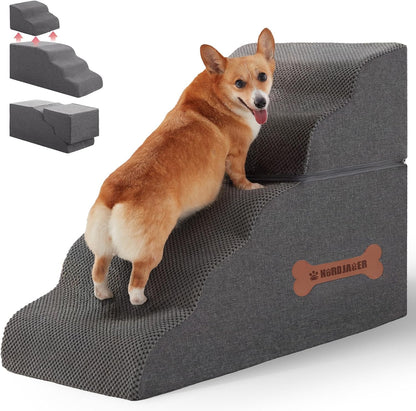 5-Step Spliceable Pet Stairs: Indoor& Outdoor Multi-Use with a Removable Cover and a Pocket, Best for Small Pets and Older Dogs Who Has Spine and Arthritis Issues to Get on High Beds, Grey（22.8" H