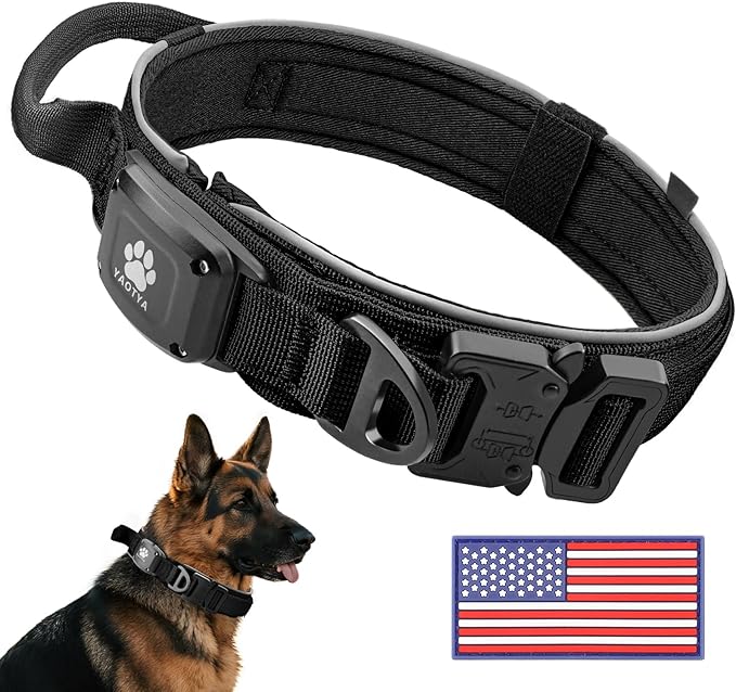 2026 Upgrade Dog Collar with IPX8 Waterproof AirTag Holder,Military Tactical Comfortable Control Handle and Ultra-Durable Metal Buckle/Night Reflective,GPS Collar for Medium to Large Dogs（Black/L）