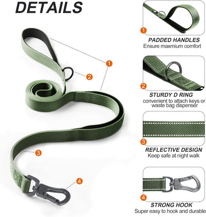 TwoEar 5FT 1IN Strong Green Dog Leash with 2 Padded Handles, Traffic Handle Extra Control, Comfortable Soft Dual Handle, Auto Lock Hook, Reflective Walking Lead for Small Medium and Large Dogs