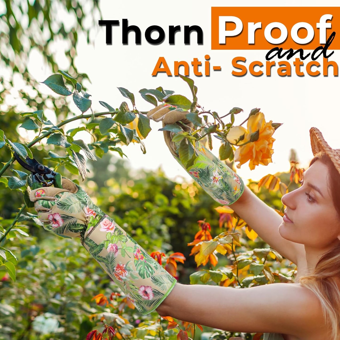 HANDLANDY Leather Gardening Gloves for Women, Thorn Proof Breathable Ladies Rose Pruning Garden Gauntlet Yard Gloves, Gift for Gardeners (Khaki, M)