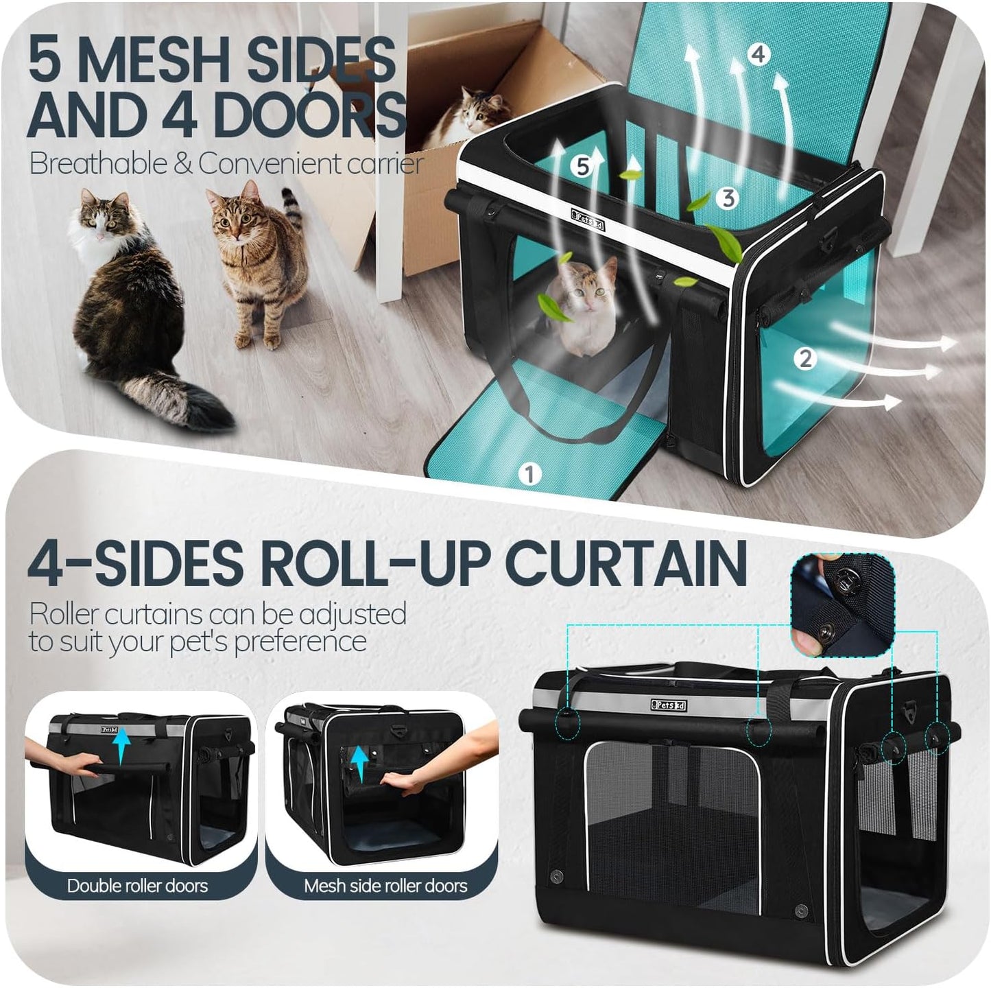 Petskd Extra Large Cat Carrier for 55LBS Pet Car Travel with Litter Box, 24"x17"x17" Soft Large Cats or Medium Dog Carrier with 5 Breathable Mesh Windows and Locking Zippers for Long Distance(Black)