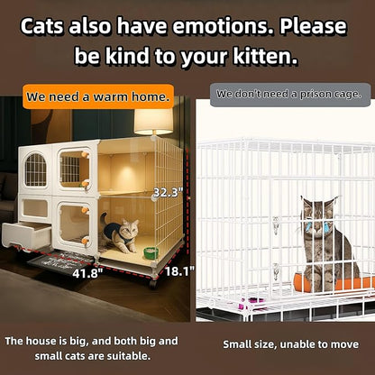 cat cage Indoor with Litter Box, Complimentary Bed, Bowl,Cleaning Three Piece Set,Large cat Enclosure, Cat House with Wheels Outdoor,Small Animal Cage cat Kennel (White, 41.8″(L) x18.1″(W) x32.3″(H))