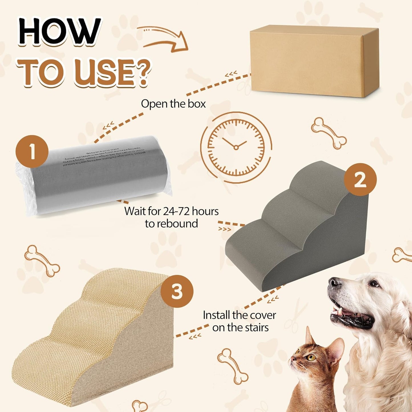 Romrol Dog Stairs Ramp for High Beds Couches, High Density Foam Pet Steps with Durable Non-Slip Waterproof Fabric Cover, Dog Stairs for Small Dogs or Cats or Pets, 3-Step,15 Inch,Beige - Pawvie