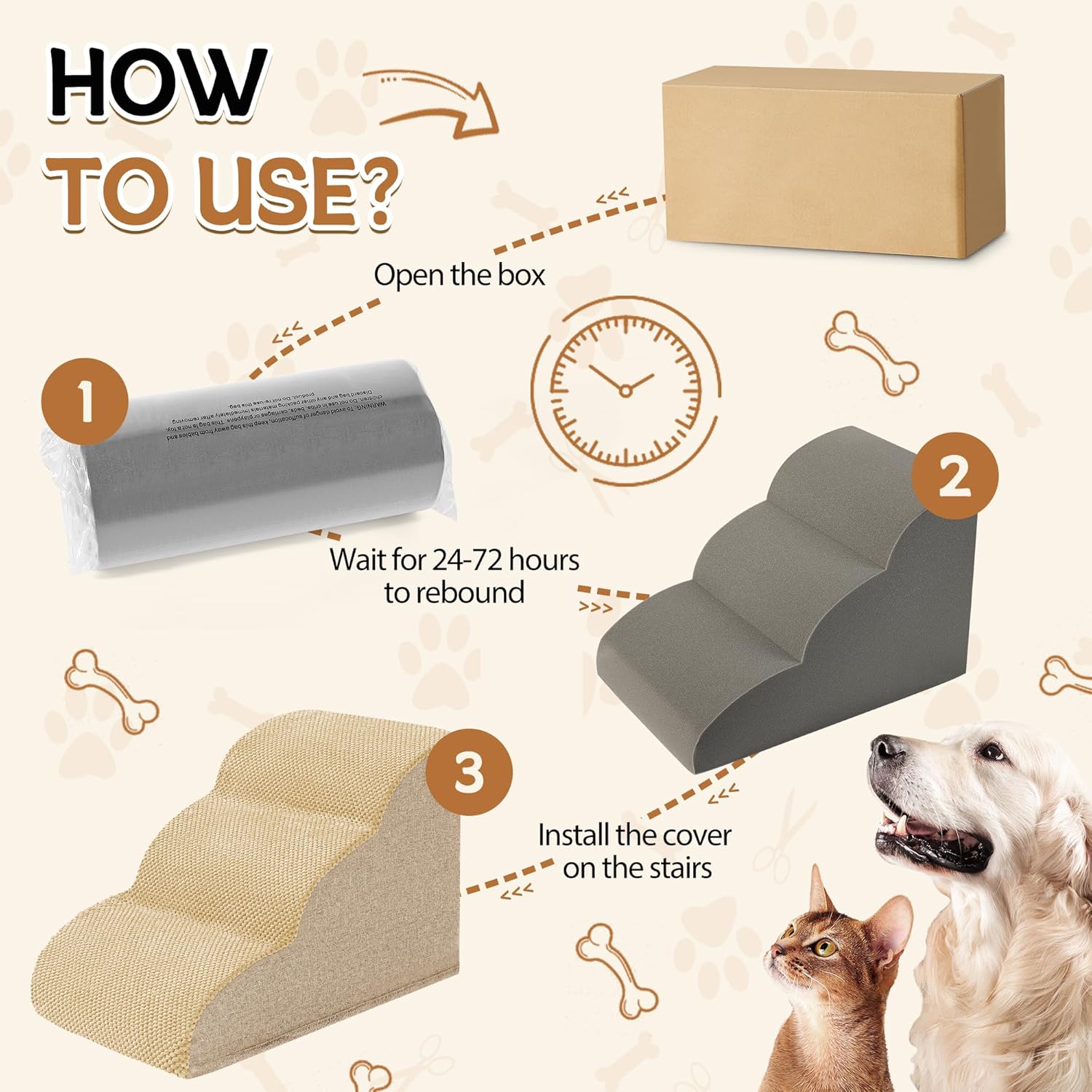 Romrol Dog Stairs Ramp for High Beds Couches, High Density Foam Pet Steps with Durable Non-Slip Waterproof Fabric Cover, Dog Stairs for Small Dogs or Cats or Pets, 3-Step,15 Inch,Beige - Pawvie