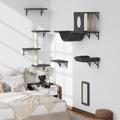 NUNU LAB Wall Mounted Cat Climber Set, 6 Pcs Cat Furniture Set with House, Bridge, Steps, Scratcher Board and Hammock, Shelves for Indoor, Luxury Walls Furniture(Dark)