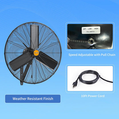 24 inch Outdoor Oscillating Wall Mounted Fan, High Velocity IPX4 Waterproof 7600 CFM Industrial Metal Wall Fan, 2 Speed, Adjustable Tilt, for Greenhouse, Patio, Garage, Workshop