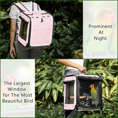 Suertree Bird Carrier with Seat Belt for Car Travel, Bird Backpack Carrier with Indestructible Stainless Steel Mesh, Large Bird Carrier Travel Cage, Pink